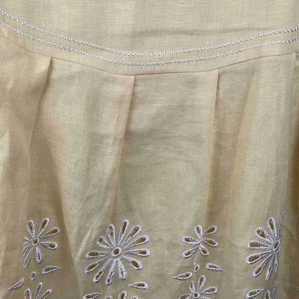 Peck & Peck Petite yellow 100% linen embroidered drop waist A-Line Midi skirt - Picture 4 of 14